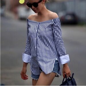 Rag & Bone Off The Shoulder Top Reversible Blue and White Stripe XS